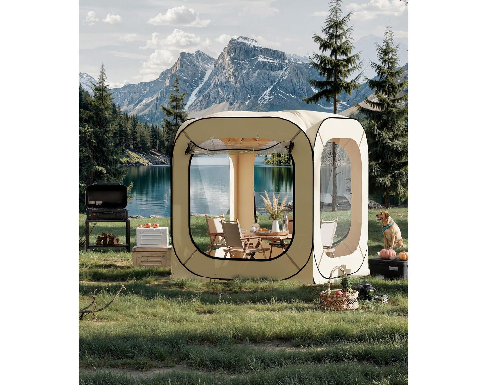 6x6 Ft Outdoor All-Weather Pop Up Tent, 2-3 Person Instant Shelter, Rainproof Sun Shade Coldproof & Windproof for Outdoor, Beige