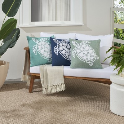 Sea Turtle Embroidered Aqua Square Outdoor Throw Pillow