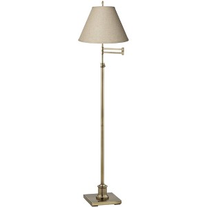 360 Lighting Swing Arm Floor Lamp 70" Tall Antique Brass Fine Burlap Cotton Blend Fabric Empire Shade for Living Room Reading Office - 1 of 4