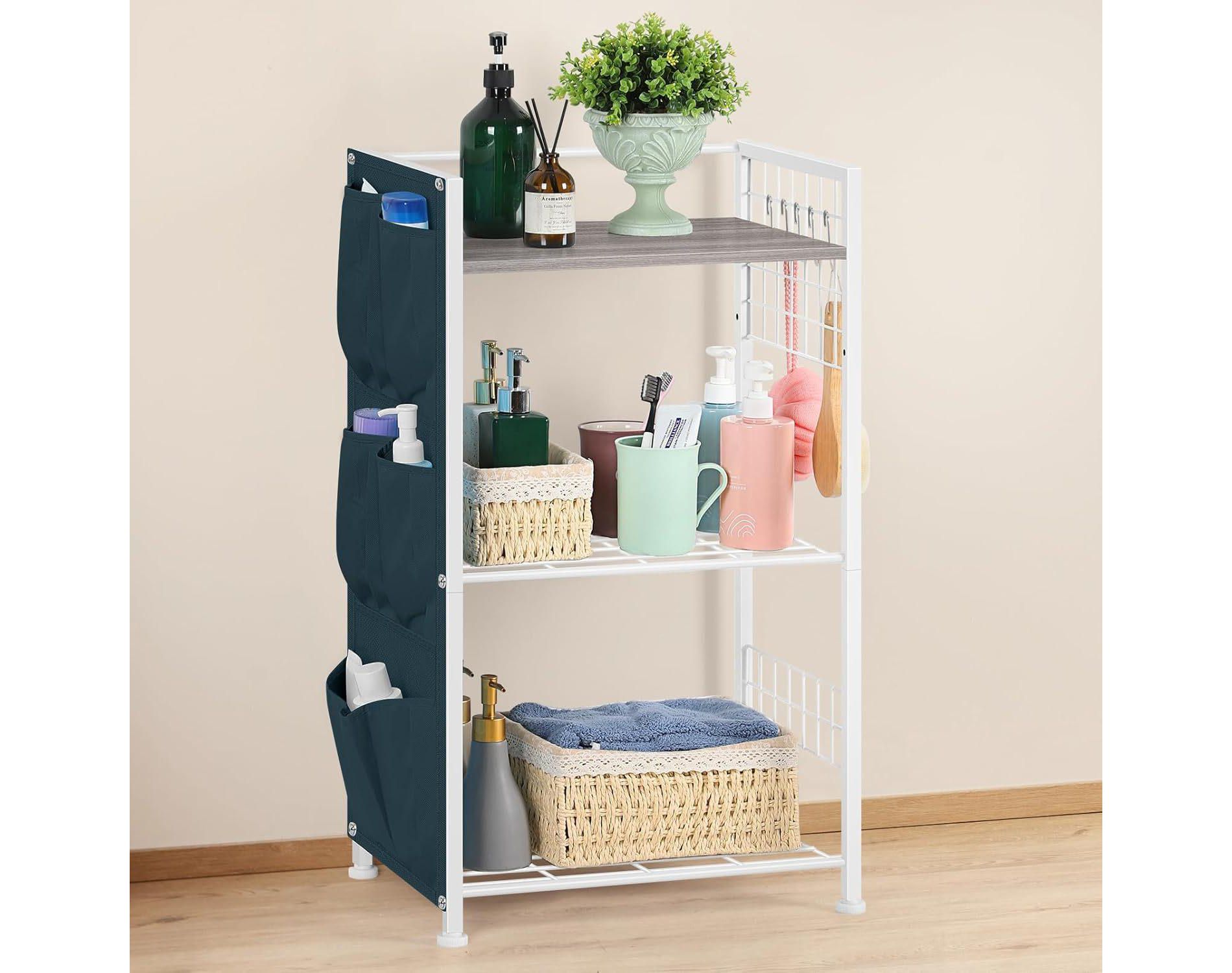 3-Tier Freestanding Bathroom Organizer Shelf with Detachable Side Pockets & Hooks, White Metal Storage Rack with Wood Top