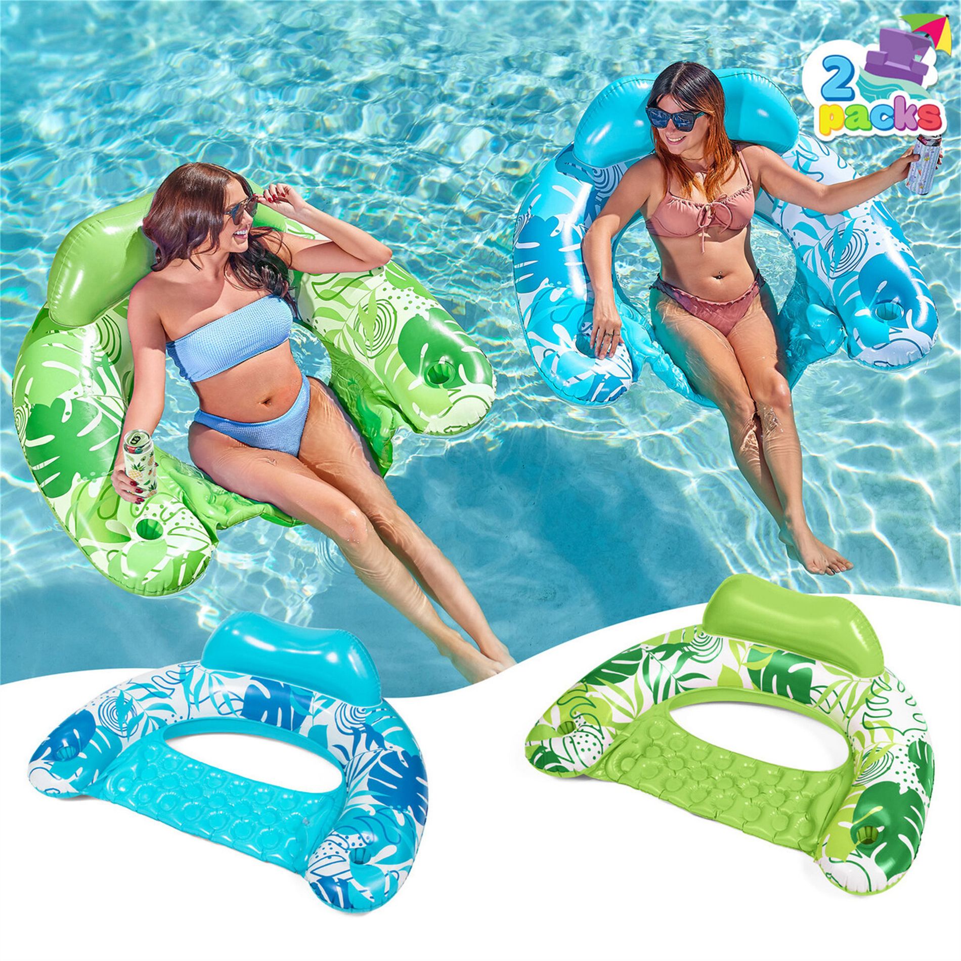 Joyfy 2 Packs Inflatable Pool Floats Chair, Pool Lounge Chairs with Cup Holders for Adult Summer Water Fun Swimming Party Beach - Blue, Green