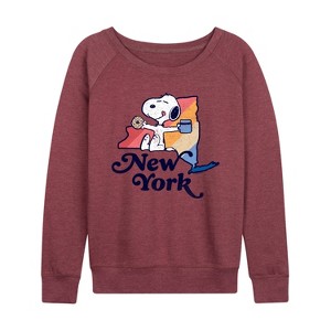 Women's - Peanuts - New York Snoopy Lightweight French Terry Wide Neck Long Sleeve Shirt - 1 of 4