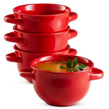 Kook Soup Bowls Crocks with Handles, 18 oz, Set of 4, Red