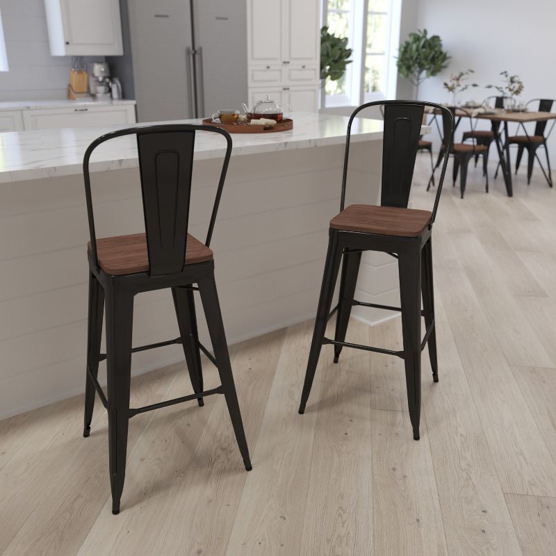 Merrick Lane Metal Dining Stool with Curved Slatted Back and Textured Wood Seat, 3 of 17
