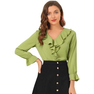 INSPIRE CHIC Women's Office Work Ruffle V Neck Long Sleeve Chiffon Peasant Blouse - 1 of 4