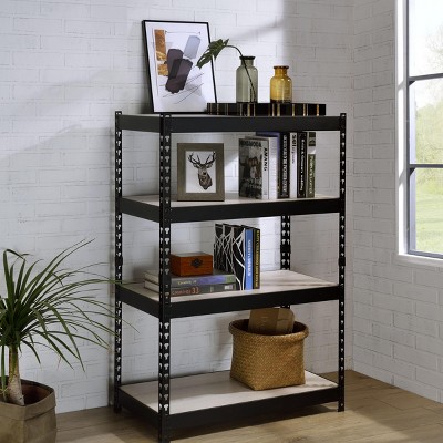 INFURNIC Decorative Bookshelf 4 Tier Industrial Bookcase with Adjustable Shelves and Metal Frame, Black, 17"*32"*48"