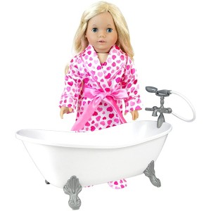 Sophia's - 18" Doll - White Bathtub & Heart Satin Pj, Robe & Slippers Set - White and Hot Pink - 1 of 4