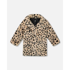 Deux par Deux Girl Printed Fake Fur Long Coat Black and Beige Leopard - 1 of 4