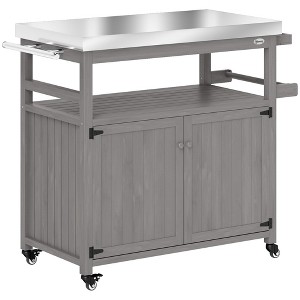 Aghana Digitals Mobile Outdoor Kitchen Island: Stainless Steel Top Solid Wood Cart with 3 Shelves, - 1 of 4