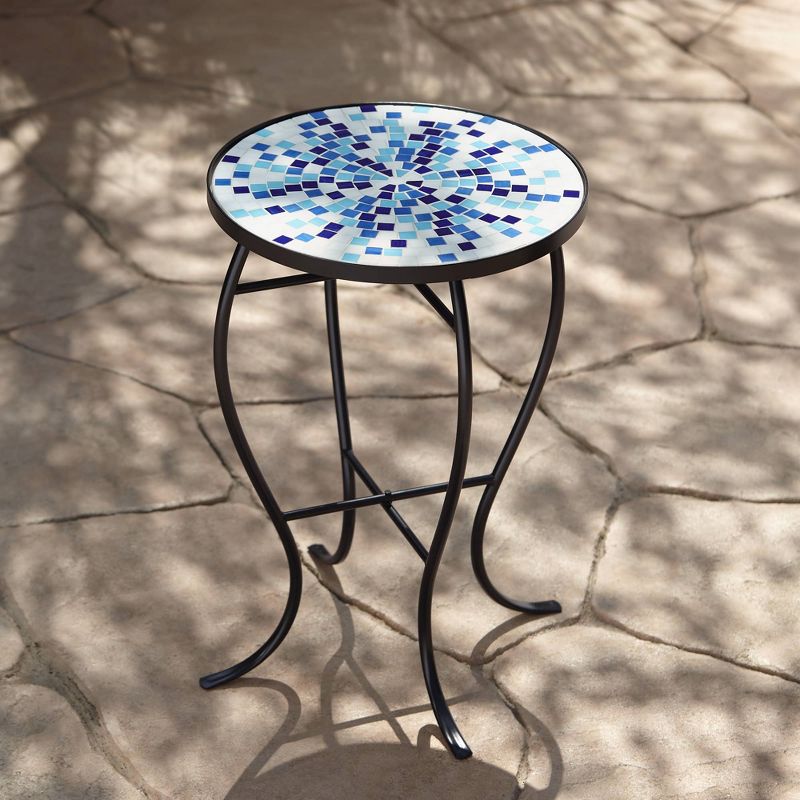 Teal Island Designs Modern Black Round Outdoor Accent Side Table 14" Wide Multi Blue Mosaic Tabletop for Front Porch Patio House Balcony, 2 of 9