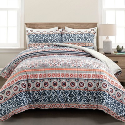 3pc Nesco Stripe Cotton Duvet Cover Set Navy/coral/gray - Lush Décor :  Target