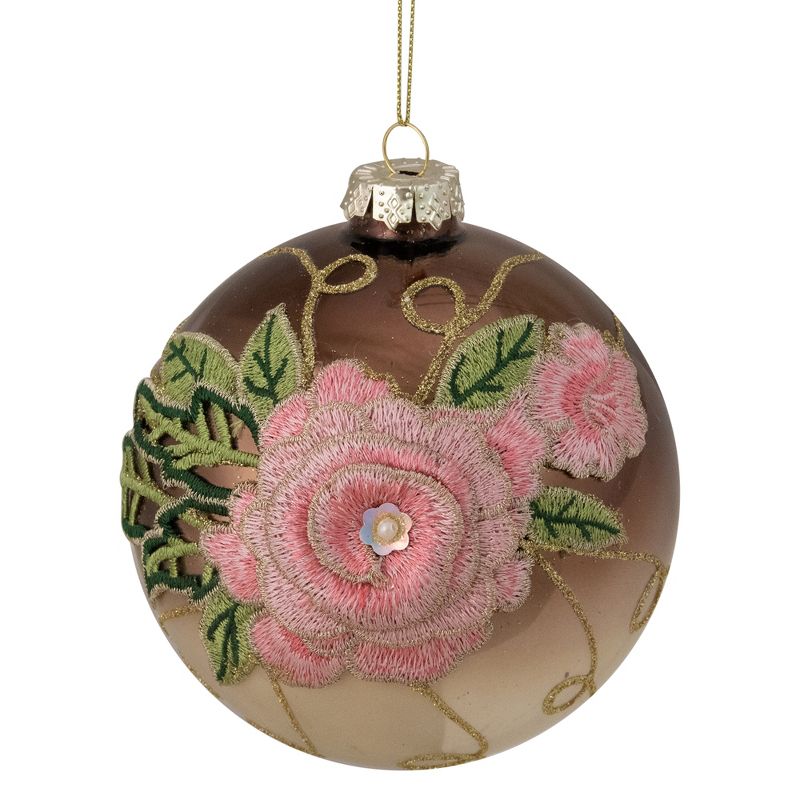 Northlight 2-Finish Brown and Pink Floral Applique Glass Christmas Ball Ornament 5" (125mm), 1 of 5