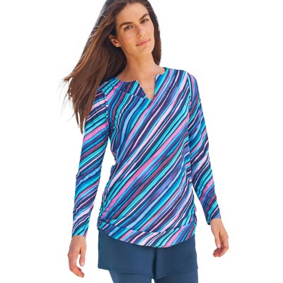 Swim 365 Women's Plus Size Split-Neck Long Sleeve Swim Tee With Built-In Bra