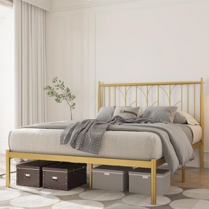 Homhougo Full Bed Frame, Gold Metal Platform Bed Frame with Headboard, Heavy Duty Metal Slat Support, Mattress Foundation, Noise Free Design, Gold - 1 of 4