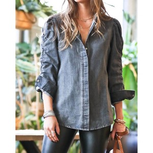 Women's Denim Shirring Sleeve Top - Mazik - 1 of 4