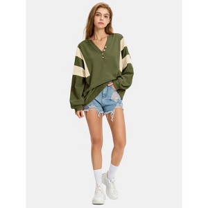 EXLURA Women's Oversized V Neck Henley Shirt Patchwork Color Block Sweatshirt Long Sleeve Button Pullover Tunic Tops - 1 of 4