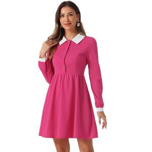 INSPIRE CHIC Women's Peter Pan Collar Contrast Half Placket Long Sleeve A-Line Party Flare Dresses - 1 of 4
