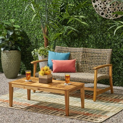 2pc Hampton Wood and Wicker Patio Loveseat and Coffee Table Set Gray - Christopher Knight Home