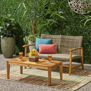 2pc Hampton Wood & Wicker Loveseat Set with Coffee Table - Christopher Knight Home: Acacia Frame - 1 of 4