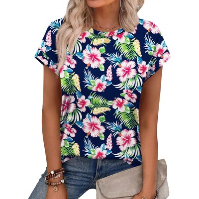 Womens Summer Tops Print Crew Neck Cute Tees Fashion Tunic Shirts Short Sleeve Blouses