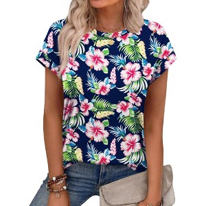 Womens Summer Tops Print Crew Neck Cute Tees Fashion Tunic Shirts Short Sleeve Blouses - 1 of 4