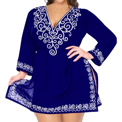 LA LEELA Women's Summer Vacation Beachwear Mini Bathing Suit Short Beach Dress Bikini Swimsuit Cover ups Medium-Large Blue, Solid