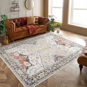 Classic Vintage Floral Rug, Thin Low Pile, Non Slip, Washable, Stain Resistant, Foldable Accent Carpet for Living Room Bedroom - 1 of 4