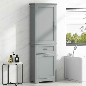 MAYEERTY Tall Bathroom Cabinet 2 Size Drawers Adjustable Shelf MDF Painted White - 1 of 4