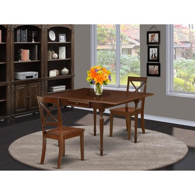 East West Furniture 3 Piece Mid Century Dining Set consists A Wooden Table and 2 Burgundy Faux Leather Mid Century Modern Dining Chairs, Mahogany