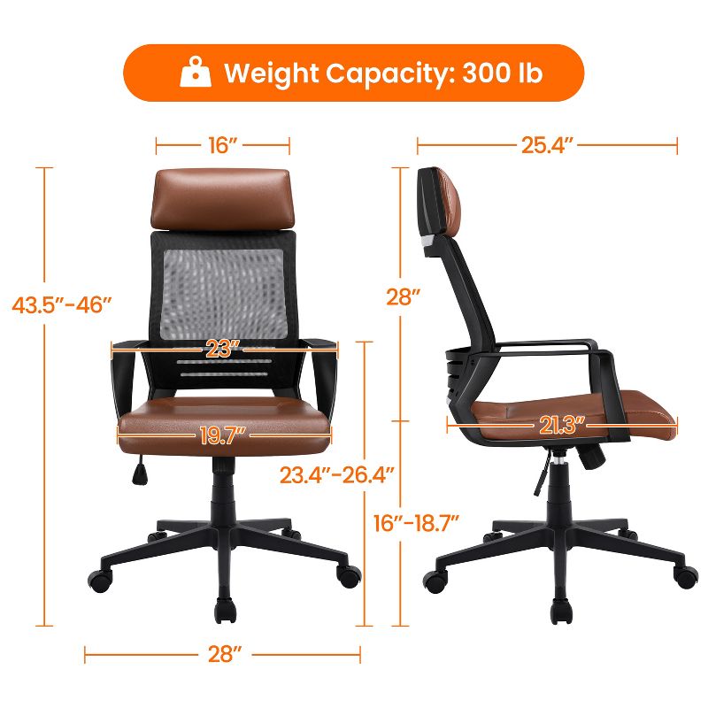 Yaheetech Ergonomic Mesh Office Chair Height Adjustable Computer Chair, Brown, 3 of 9