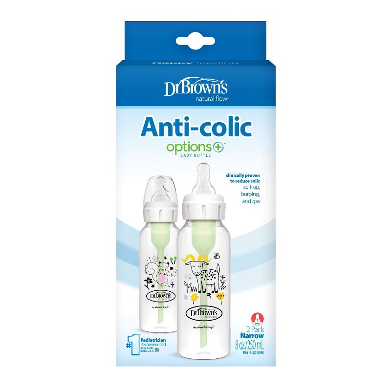 Dr. Brown&#39;s Anti-Colic Options+ Narrow Baby Bottle - Squirrel and Goat Deco - 9 fl oz/2pk, 2 of 16