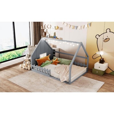 APRILSOUL Full Size Wood House Bed with Window and Fence, Gray