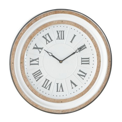 24" x 24" Large Round Metal and Wood Wall Clock with Roman Numerals White/Gray - Olivia & May