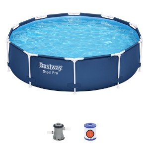 Bestway Steel Pro 10 Foot x 30 Inch Round Framed Above Ground Outdoor Backyard Swimming Pool Set with 330 GPH Filter Pump, Blue - 1 of 4