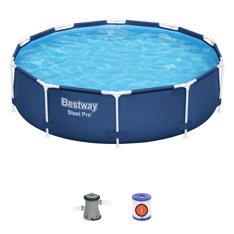 Bestway Steel Pro 10 Foot x 30 Inch Round Framed Above Ground Outdoor Backyard Swimming Pool Set with 330 GPH Filter Pump, Blue, 1 of 8