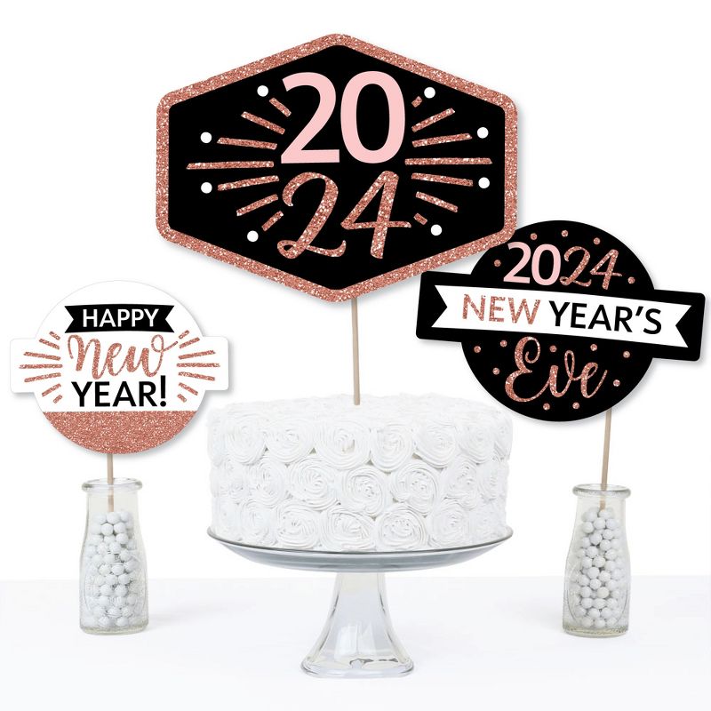 Big Dot of Happiness Rose Gold Happy New Year - 2024 New Year's Eve Party Centerpiece Sticks - Table Toppers - Set of 15, 3 of 9