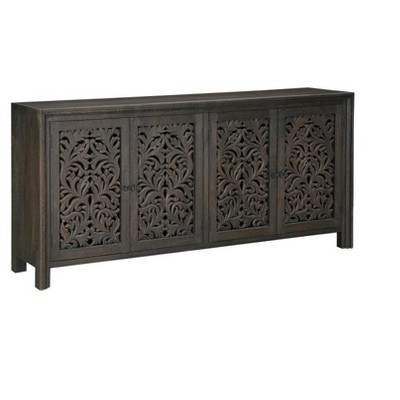 HomeRoots 78" Black Distressed Solid Wood Carved Floral Sideboard with Four Doors