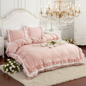 Double Ruffle Duvet Cover Set – Soft Washed Bedding with Pillowcases – Romantic Elegant Princess Style, Pink, 3-Piece - 1 of 4