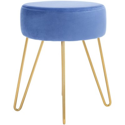 Velvet Steel Blue Round Ottoman with Gold Hairpin Legs