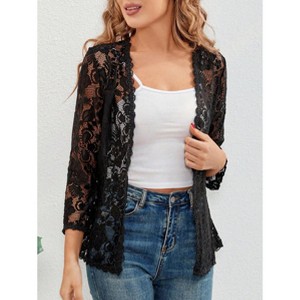 Womens Lace Cardigan Three Quarter Sleeve Open Front Casual Cardigan Tops - 1 of 1