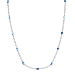 Bella Silver Sterling Silver Beaded Outline Oval & Round CZ Tennis Necklace - Sapphire - Blue - 17 Inch - 1 of 2