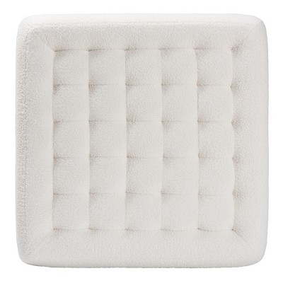 Ivory Boucle Upholstered Box Tufted Ottoman with Black Wood Legs