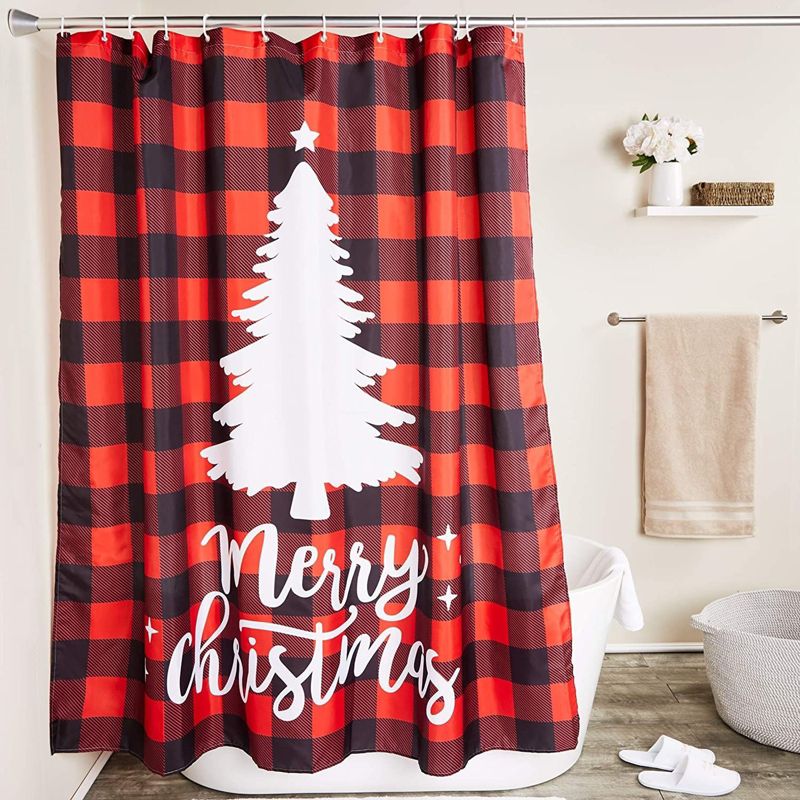 Juvale Red Buffalo Plaid Merry Christmas Tree Bath Shower Curtain Set Polyester with 12 Hooks for Bathroom Decor 70"x71", 2 of 10