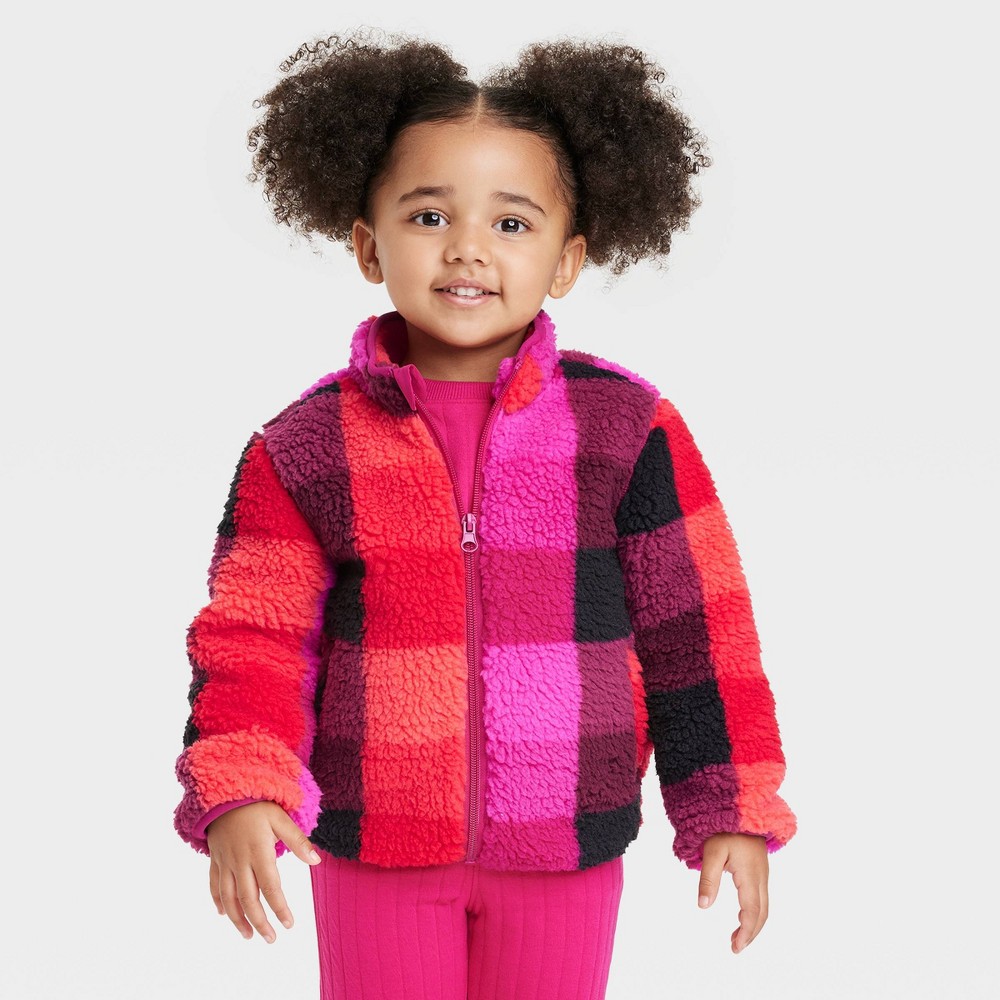 Toddler Plaid Fleece Zip-Up Jacket - Cat & Jack Pink/Red 3T