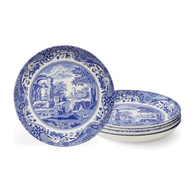 Spode Blue Italian Pasta Bowl, Set of 4 - 9 Inch Shallow Earthenware Serving Bowls with Oriental Border Design