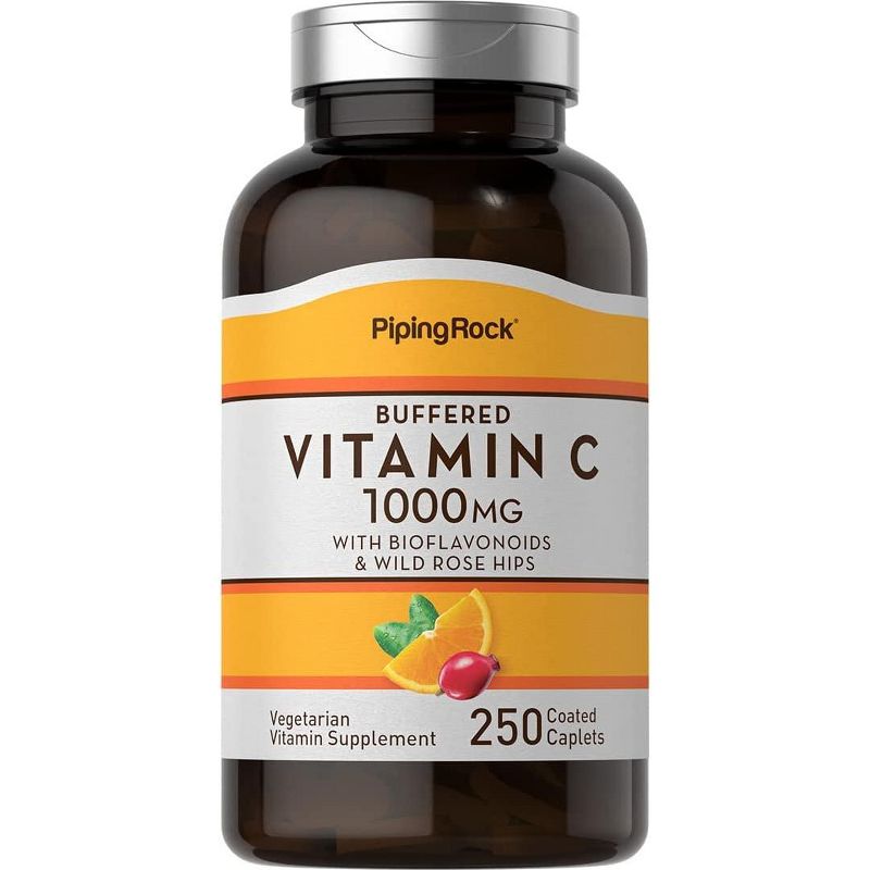 Piping Rock Buffered Vitamin C 1000 mg | With Bioflavonoids & Wild Rose Hips | 250 Coated Caplets, 1 of 3