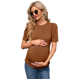 Clearlove Maternity T Shirts Women's Knit Floral Print Tops Crew Neck Pregnancy Short Sleeve Striped Ruched Side Casual Tops - 1 of 4