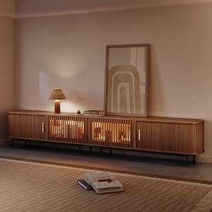 POVISON 118.11"Mid-Century Modern Tambour Door TV Stand with LED Lights, LED TV Stand,Walnut Color TV Console - 1 of 4