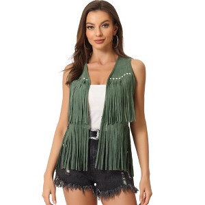 INSPIRE CHIC Women's 70s Western Open Front Faux Suede Fringe Vest - 1 of 4