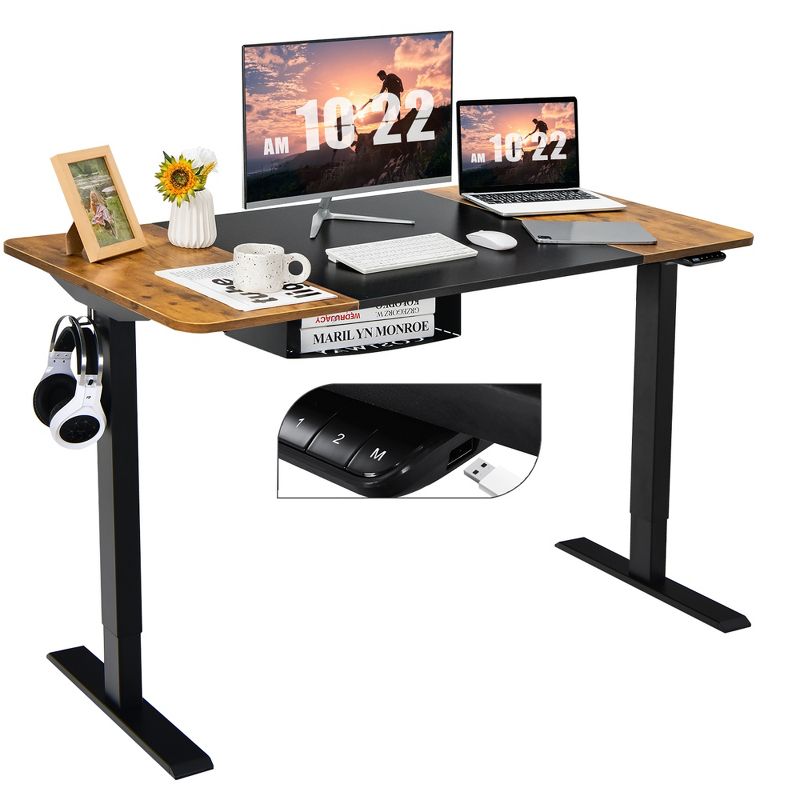 55''x28'' Electric Standing Desk Height Adjustable Sit Stand Desk w/USB Port Brown\Black, 1 of 10